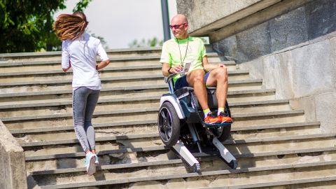 The Scewo wheelchair has rubber tracks that can climb stairs