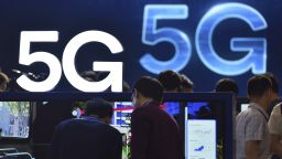 View of logos of 5G during an expo in Shenzhen city, south China's Guangdong province, April 10, 2019.