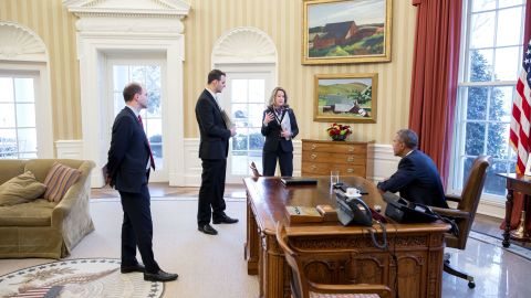 President Obama is briefed by George Selim, second from left, ahead of a White House Summit on Countering Violent Extremism. 