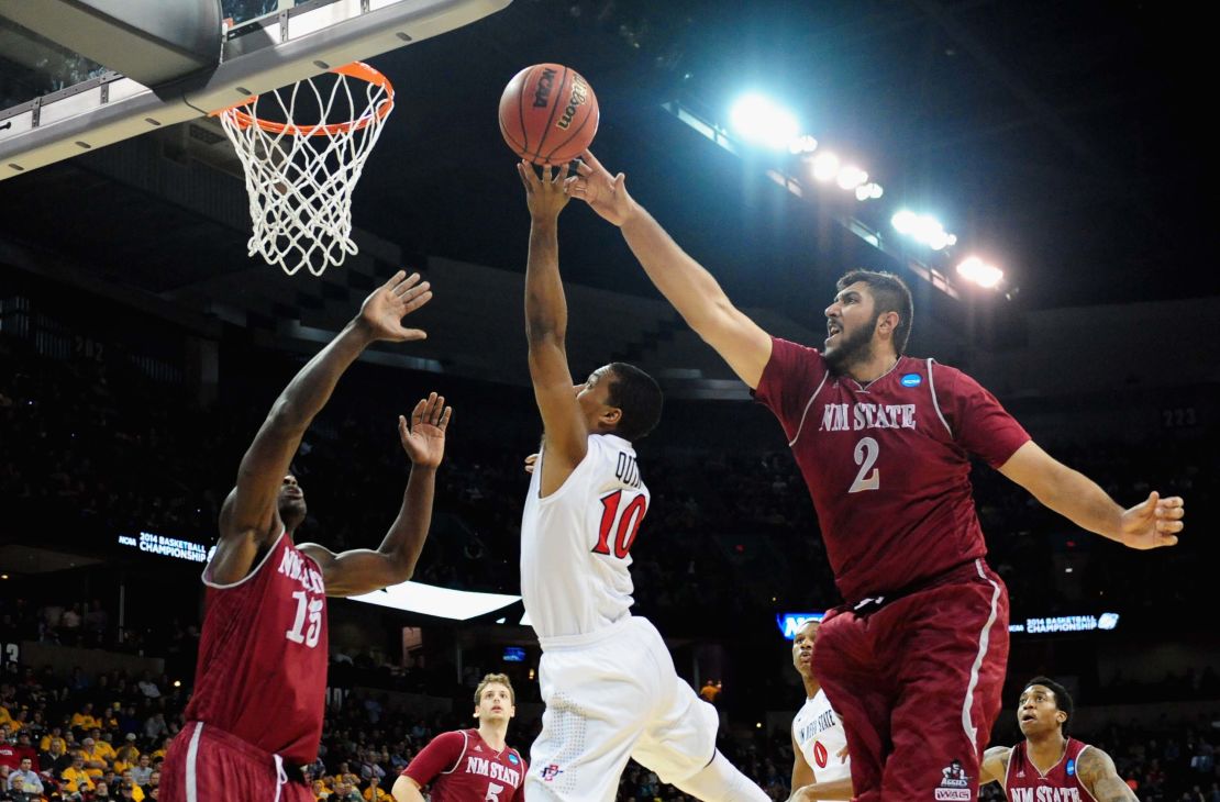 Sim Bhullar plays for the New Mexico State Aggies against the San Diego State Aztecs in the NCAA Men's Basketball Tournament on March 20, 2014 in Spokane, Washington. 