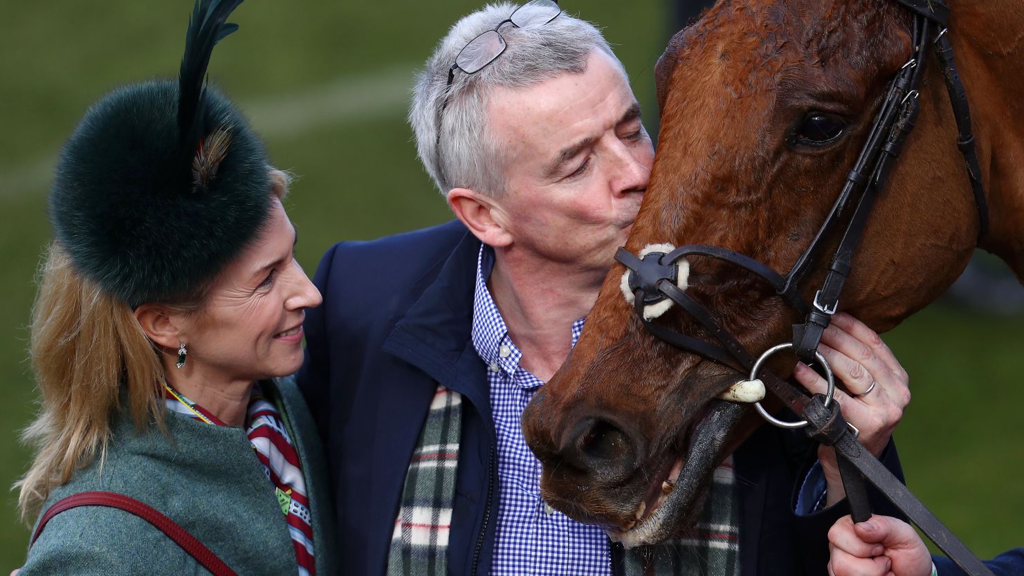 Michael O'Leary and wife Anita after Balko Des Flos wins Ryanair Chase at Cheltenham in 2018.