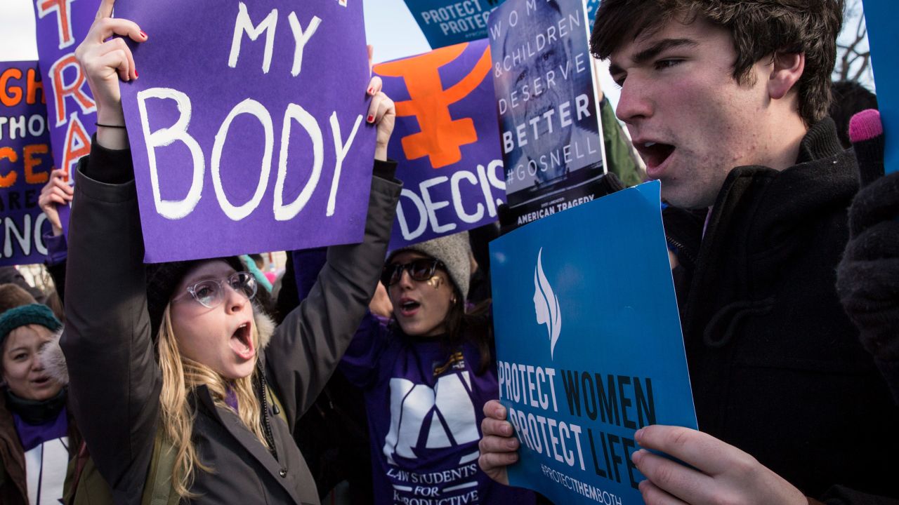 WASHINGTON, DC - MARCH 2:  Pro-choice advocates (left) and anti-abortion advocates (right) rally outside of the Supreme Court, March 2, 2016 in Washington, DC.  On Wednesday morning, the Supreme Court will hear oral arguments in the Whole Woman's Health v. Hellerstedt case, where the justices will consider a Texas law requiring that clinic doctors have admitting privileges at local hospitals and that clinics upgrade their facilities to standards similar to hospitals. (Drew Angerer/Getty Images)