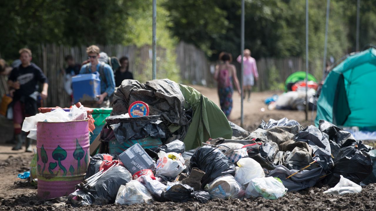 Heaps of rubbish left behind at Glastonbury Festival in the UK in 2016.