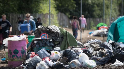 Heaps of rubbish left behind at Glastonbury Festival in the UK in 2016. 