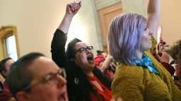 Women protest "heartbeat" abortion bill at the Ohio Statehouse in April.