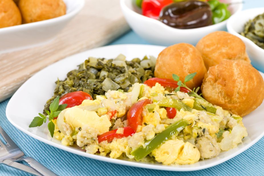 <strong>Jamaica: </strong>Ackee, a delicately sweet pear-shaped fruit, is sautéed with salt cod, tomatoes, garlic, chilies and onion in a breakfast scramble that brings together sweet, salty, and spicy for a one-of-a-kind island taste. 