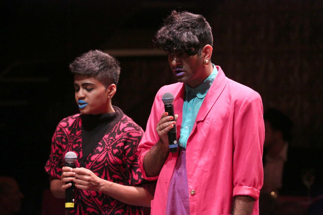 Janani Blasubramanian and Alok Vaid-Menon on stage at La Mama Theatre on November 2, 2015 in New York City. 