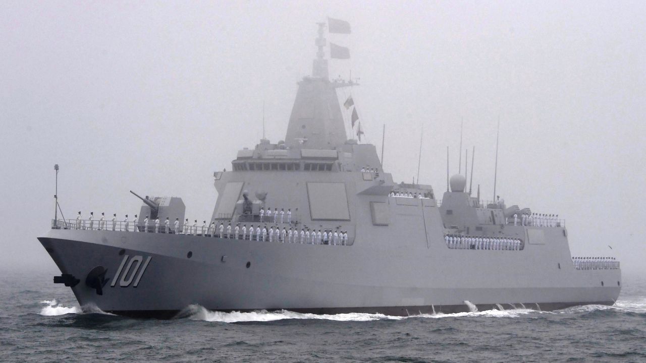 The Chinese navy unveils a new Type 055 destroyer off Qingdao, eastern China, on April 23, 2019, during a fleet review marking the 70th anniversary of the navy's founding.