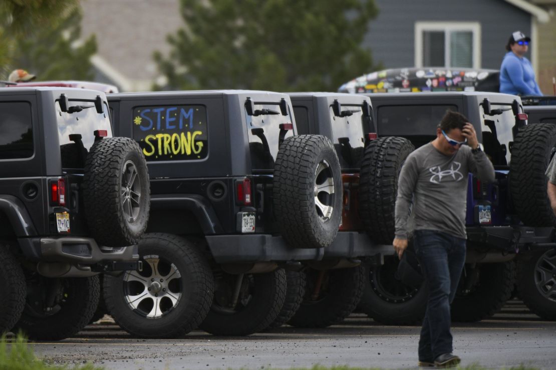 "STEM strong" is painted on a jeep outside the celebration of life ceremony for Kendrick Castillo at Cherry Hills Community Church on May 15 in Highlands Ranch, Colorado.
