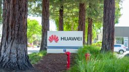Sign at entrance to office of Chinese networking equipment company Huawei in the Silicon Valley, Mountain View, California, May 3, 2019. (Photo by Smith Collection/Gado/Getty Images)