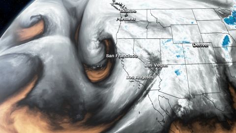 Water vapor satellite imagery shows the atmospheric river flowing across the Pacific into California early Thursday morning.