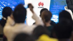 journalists and guests attend the Huawei database and storage product launch during a press conference at the Huawei Beijing Executive Briefing Centre in Beijing on May 15, 2019. (Photo by FRED DUFOUR / AFP)        (Photo credit should read FRED DUFOUR/AFP/Getty Images)