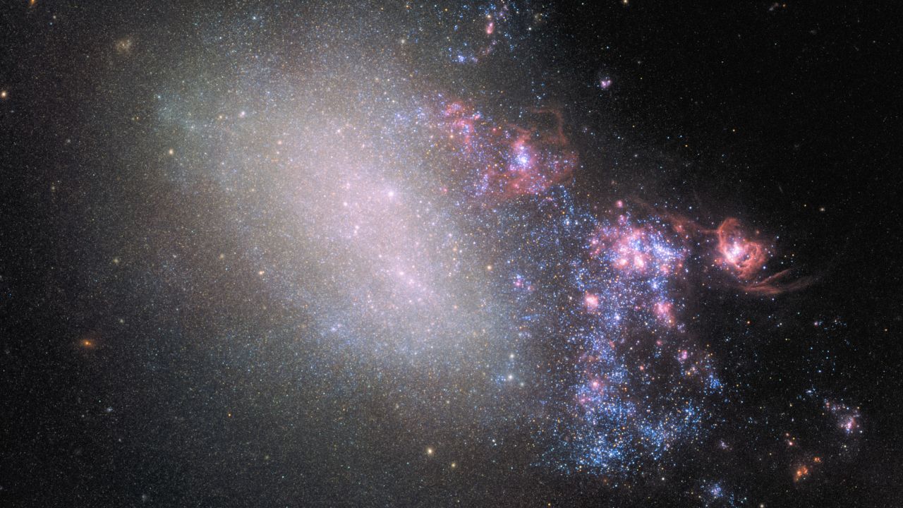 Galaxy NGC 4485 collieded with its larger galactic neighbor NGC 4490 millions of years ago, leading to the creation of new stars seen in the right side of the image.