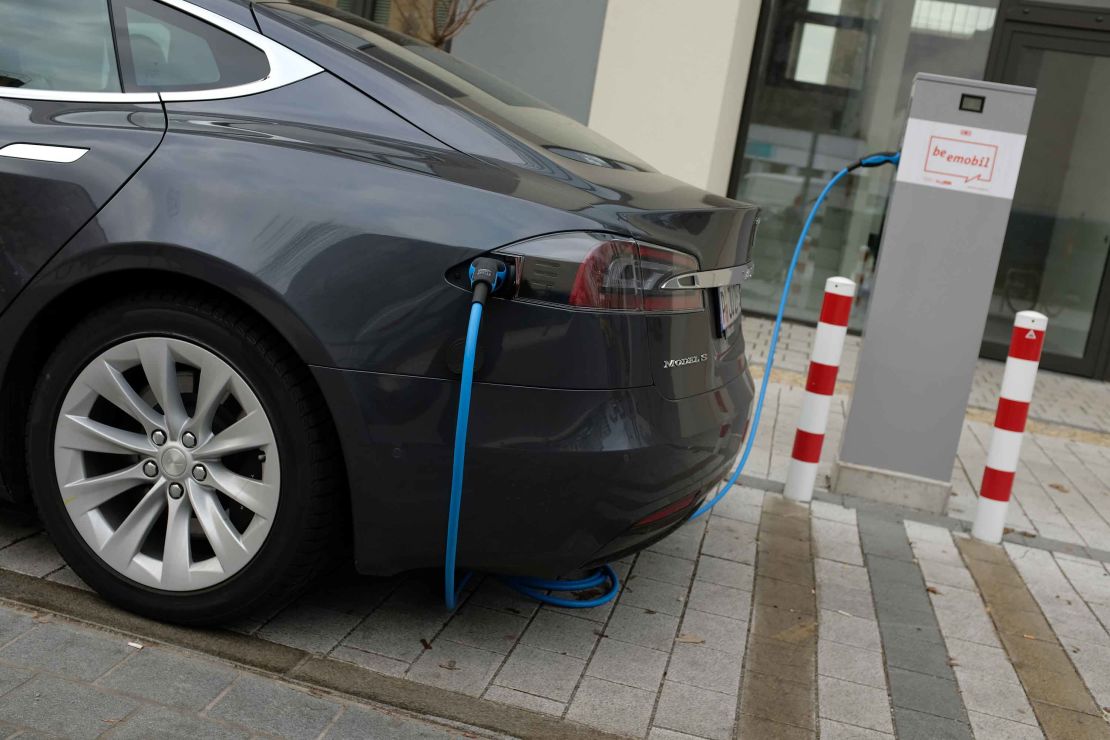 A Tesla Model S electric car charging in Berlin, Germany.