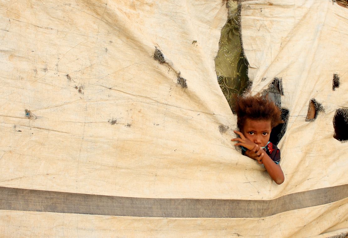 A Yemeni child who fled fighting is pictured at a makeshift camp in Abs this month.