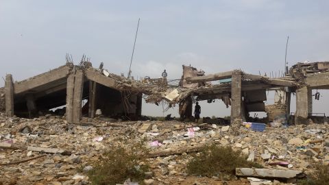 A destroyed building is pictured in the town of Midi, near the border with Saudi Arabia, in April. 