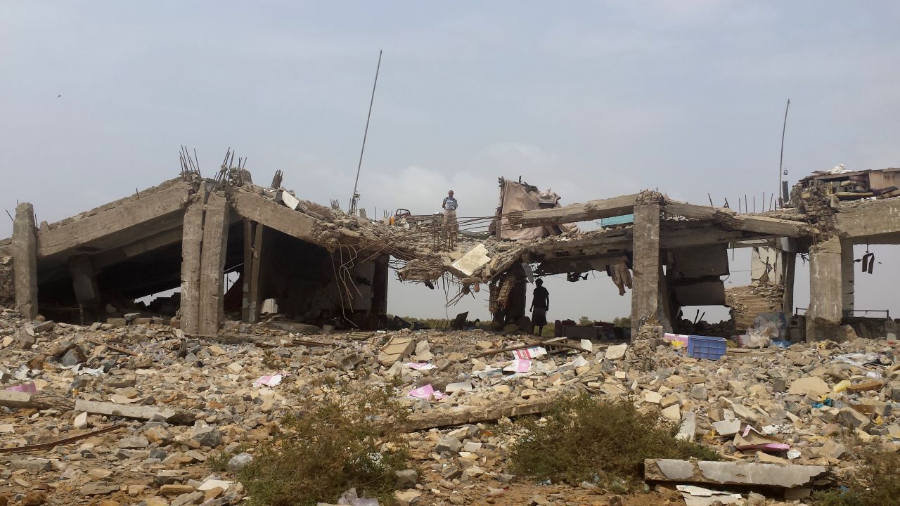 A destroyed building is pictured in the town of Midi, near the border with Saudi Arabia, in April.