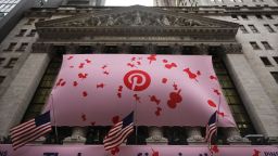 NEW YORK, NEW YORK - APRIL 18: A banner for the online image board Pinterest Inc. hangs from the New York Stock Exchange (NYSE) on the morning that Pinterest Inc. makes its initial public offering on April 18, 2019 in New York City. Pinterest has priced its shares for the IPO at $19 apiece Wednesday evening, two dollars above the high end of the range.  (Photo by Spencer Platt/Getty Images)