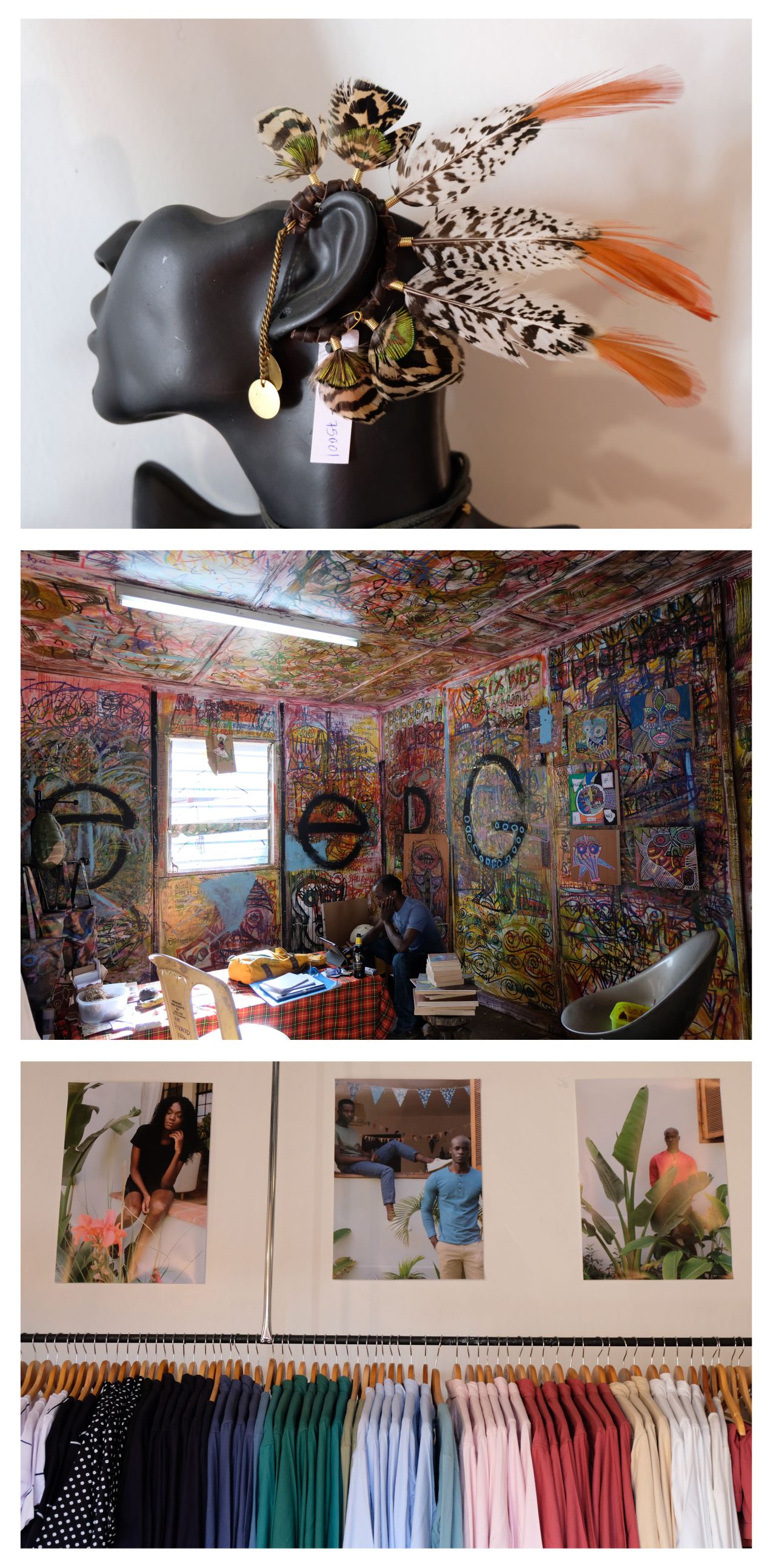 Top, a photo of items stocked at the shop Made in Kenya. Middle, artist Ngene Mwaura's graffiti-covered studio. Bottom, clothes by a Kenyan brand.