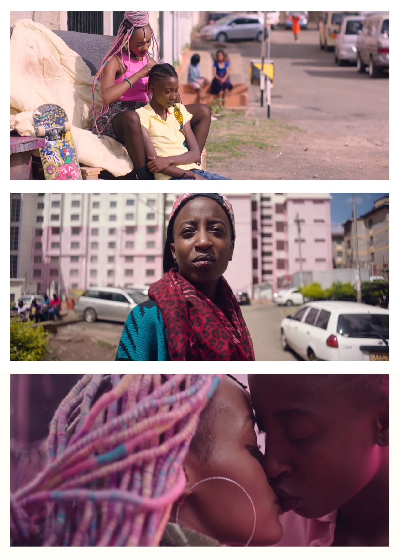 Film stills from "Rafiki" show the director's use of pink hues.