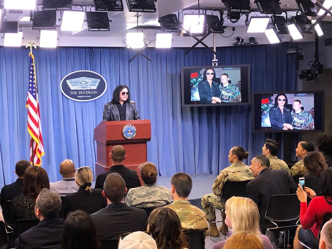 Gene Simmons at the Pentagon Briefing Room podium (Credit: Ryan Browne and Barbara Starr)