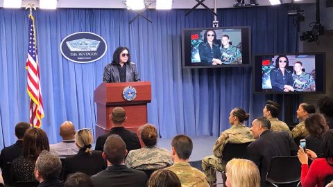 Gene Simmons at the Pentagon Briefing Room podium (Credit: Ryan Browne and Barbara Starr)