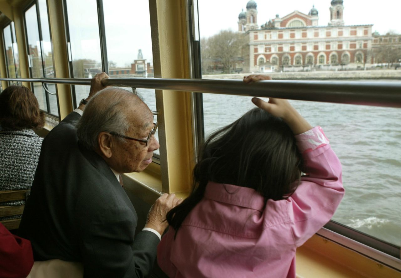 Pei and his granddaughter Anna ride a ferry past Ellis Island on April 21, 2004, on his way to receive the Ellis Island Family Heritage award. Born in China in 1917, Pei came to America from Shanghai in 1935 at the age of 17 to study at the Massachusetts Institute of Technology. 