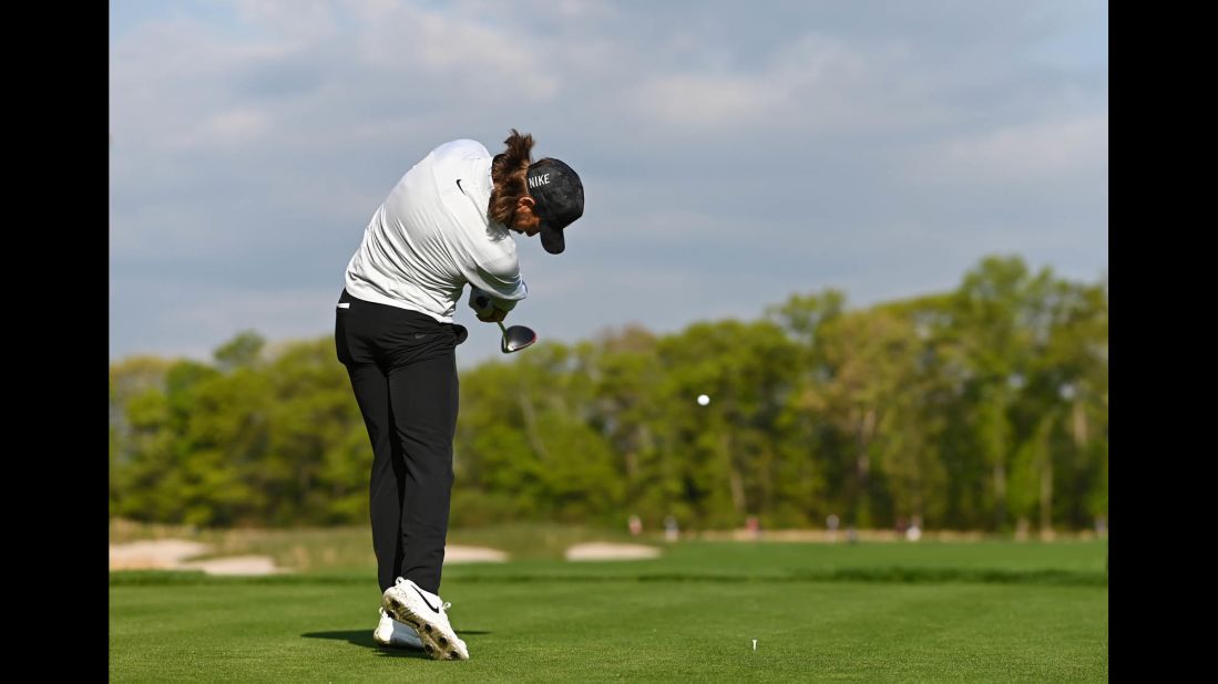 Flowing locks blowing in the wind, Tommy Fleetwood in action en route to a very respectable first-round effort of 3 under par.