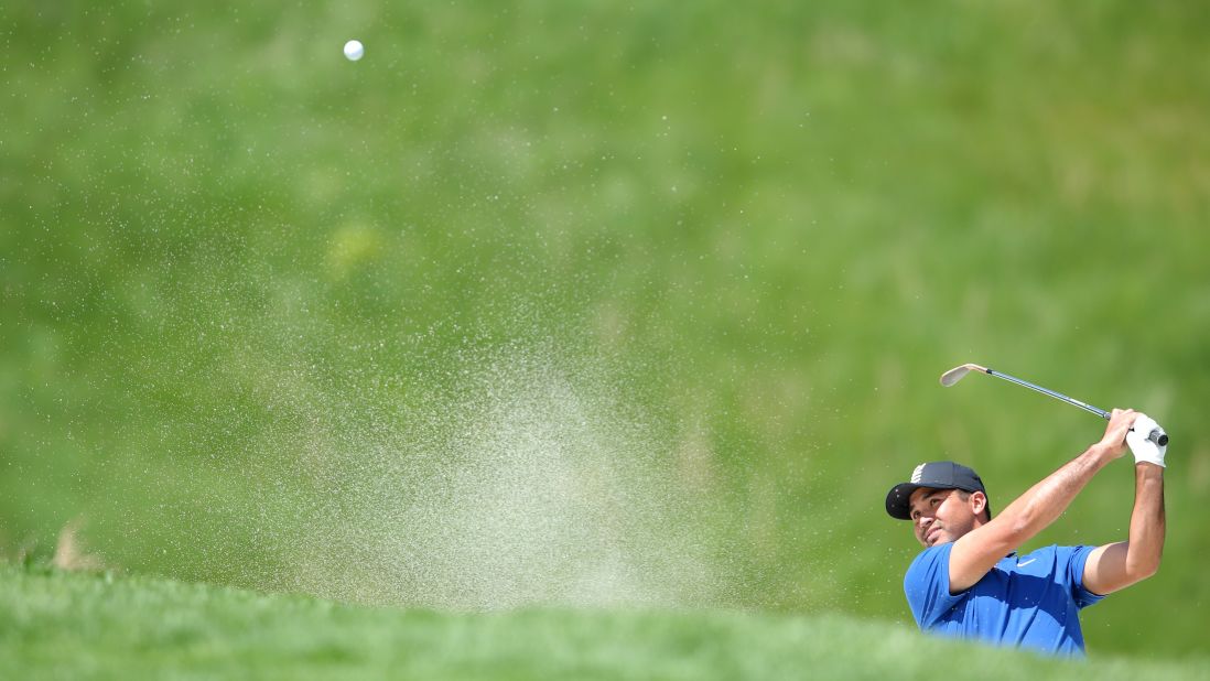 Jason Day's only major victory came in the 2015 PGA Championship. Here he is, one of many to find one of Bethpage Black's daunting sandpits.