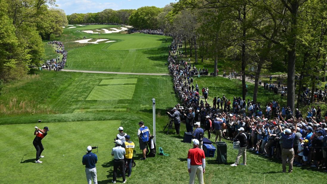 An image to highlight the extent of this monster golf course. Narrow fairways, damp, long roughs, gaping bunkers, overhanging trees. But then, Brooks Koepka on the tee, helping himself to the most supreme first round of major golf imaginable.