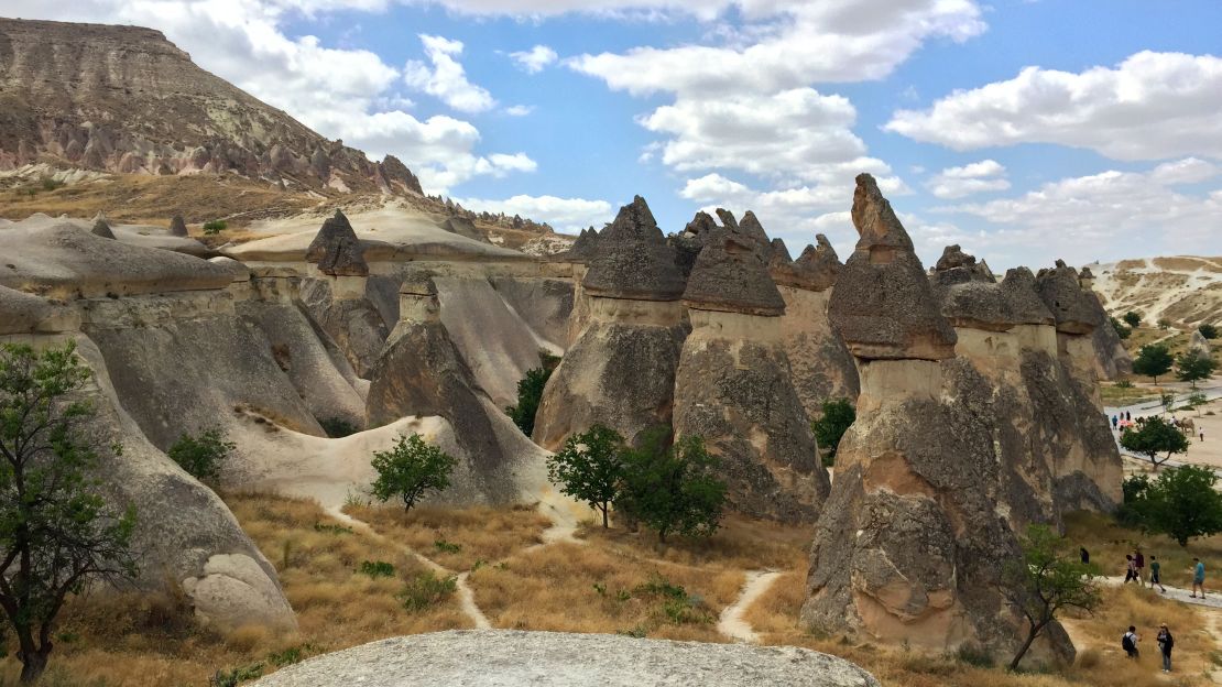 These unusual fairy chimney rock formations can be found in the Cappadocia region of Goreme, Turkey. 