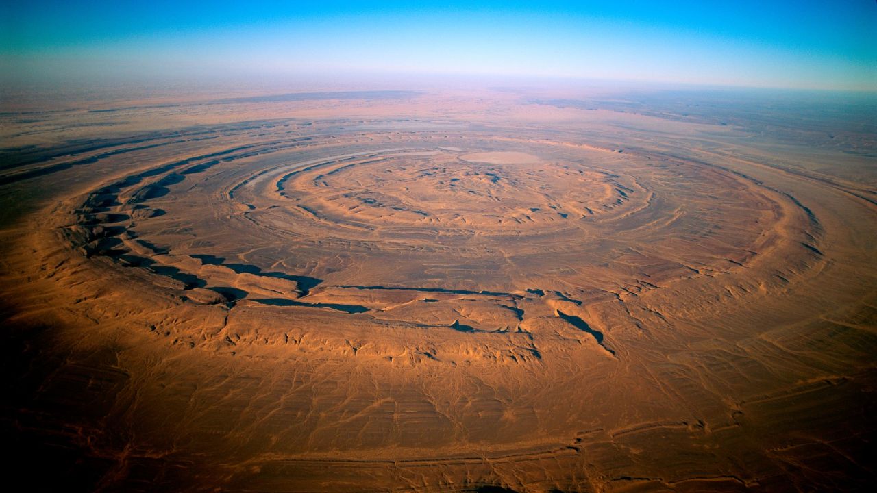 <strong>The Eye of the Sahara, Mauritania:</strong> Also known as the Richat Structure, this 40-kilometer wide geological marvel is visible from space.