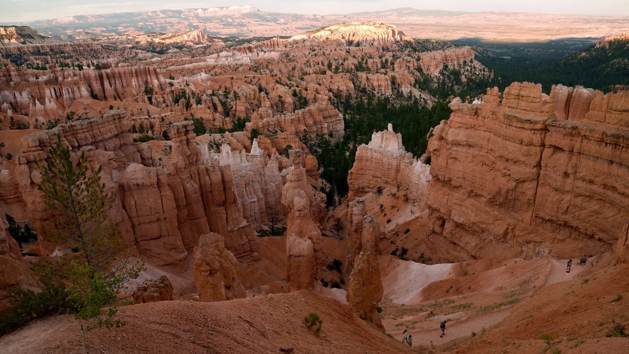 Bryce Canyon National Park's rocks look red, orange and white against the sky.