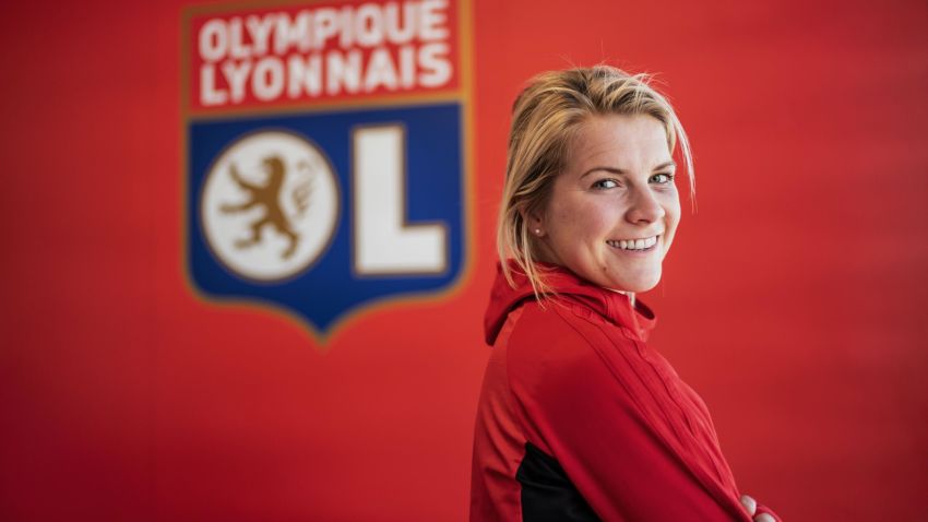 Olympique Lyonnais' Norwegian forward and first woman Ballon d'Or Ada Stolsmo Hegerberg, poses for photographs on February 18, 2019 at the Parc Olylmpique Lyonnais stadium in Decines Charpieu. (Photo by JEFF PACHOUD / AFP) (Photo credit should read JEFF PACHOUD/AFP/Getty Images)