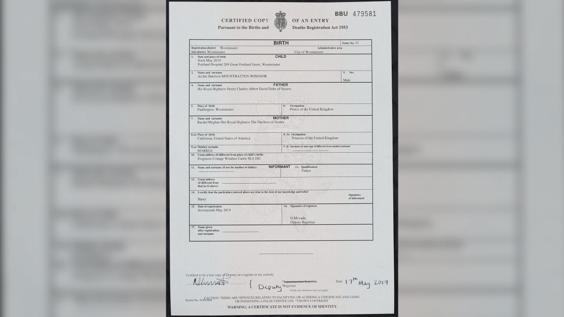 The birth certificate of Archie Harrison Mountbatten-Windsor.