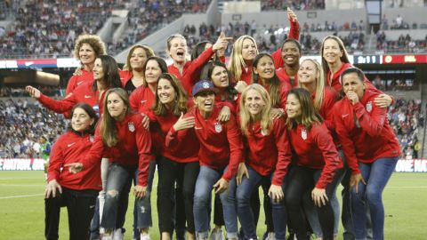 Members of the 1999 Women's World Cup-winning team pose for a photo at halftime of a game between U.S. Women and Belgian Women at Banc of California Stadium on April 07, 2019 in LA. 