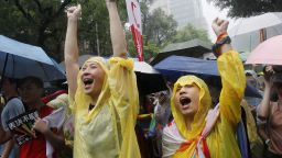 Same-sex marriage supporters cheer outside the Legislative Yuan in Taipei, Taiwan, on May 17, 2019 after Taiwan's legislature passed a law allowing same-sex marriage.