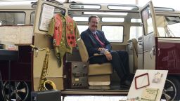 FORT WAYNE, INDIANA - May 8, 2019: President and CEO of Sweetwater Sound Chuck Surack in the 1969 Volkswagen Bus where the company originated at Sweetwater's campus in Fort Wayne, Indiana on May 8, 2019. (Brittany Greeson for CNN)