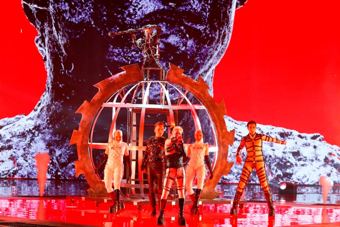 Iceland's Hatari performs the song "Hatrið mun sigra" during the first Eurovision semi-final at Expo Tel Aviv on May 14, 2019.