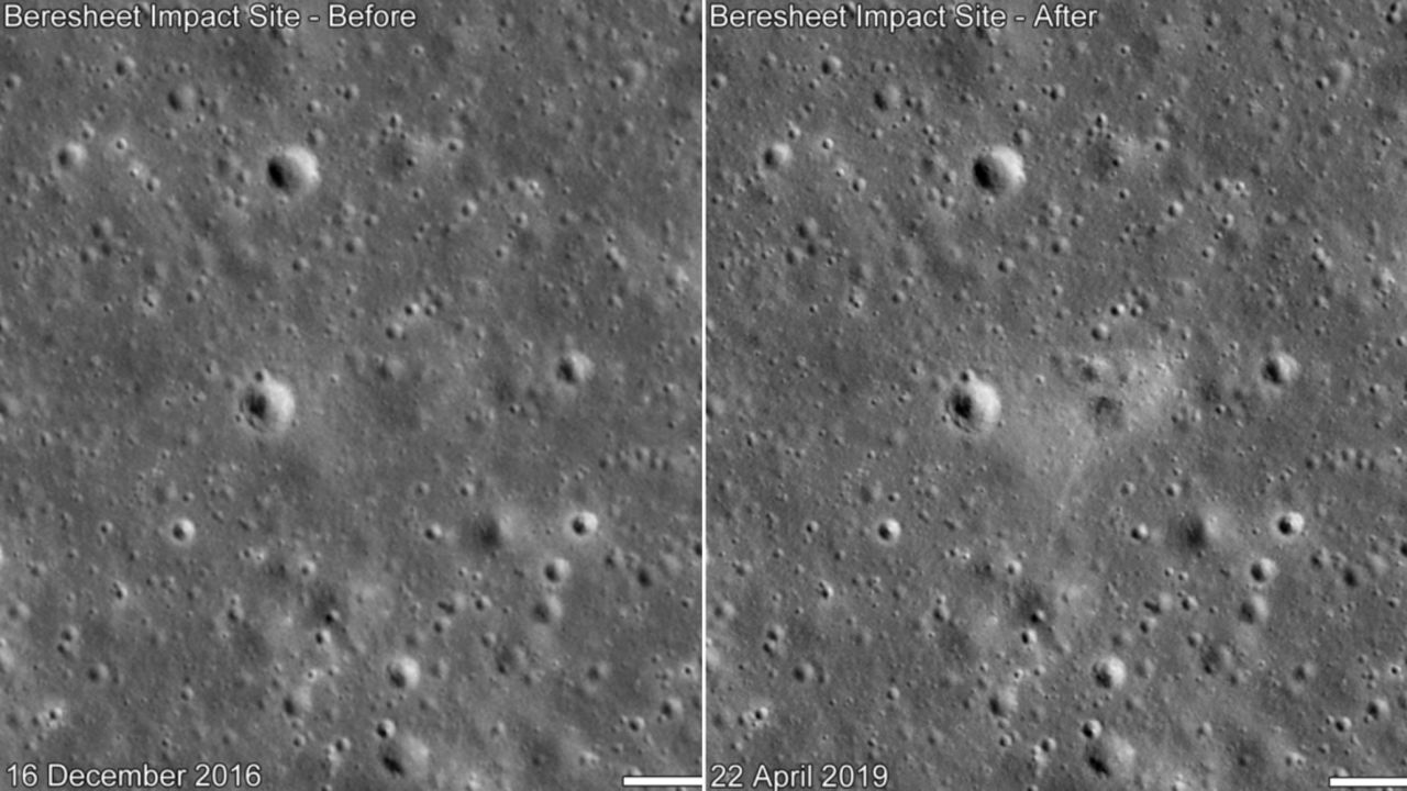 This is a before and after comparison of the landing site, with the right side showing the aftermath.