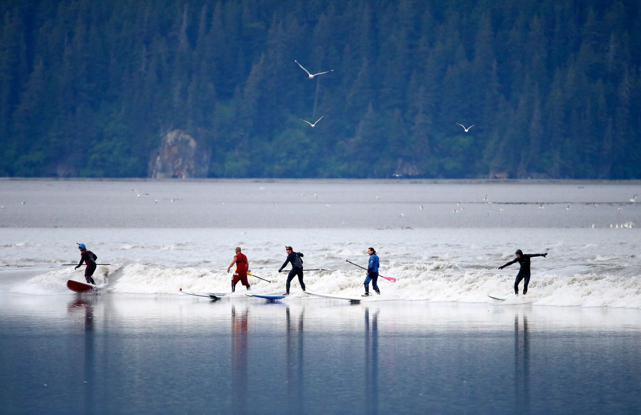<strong>Anchorage, Alaska:</strong> Turnagain Arm outside of Anchorage is a draw for hardy surfers. United Airlines will begin flying a direct seasonal route from Newark to Anchorage this summer.