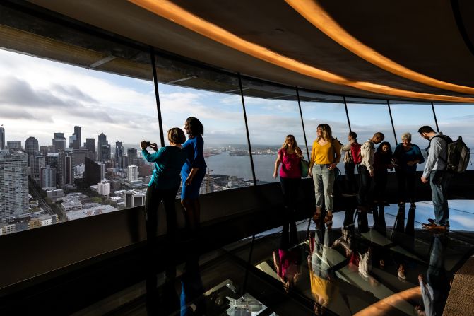 <strong>Seattle: </strong>Completed last summer, the newly renovated Space Needle now features floor-to-ceiling angled glass windows encircling the top of the bi-level observation deck.