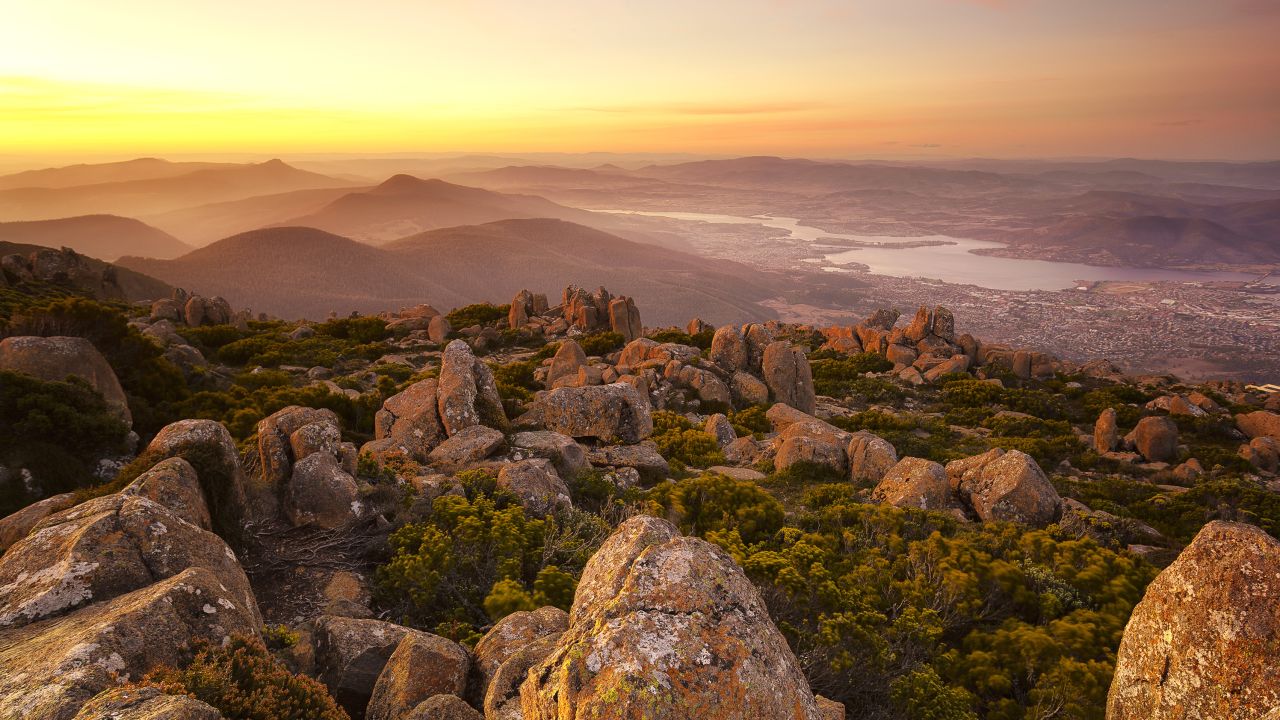 The top of Mount Wellington in Tasmania offers stunning landscape views.
