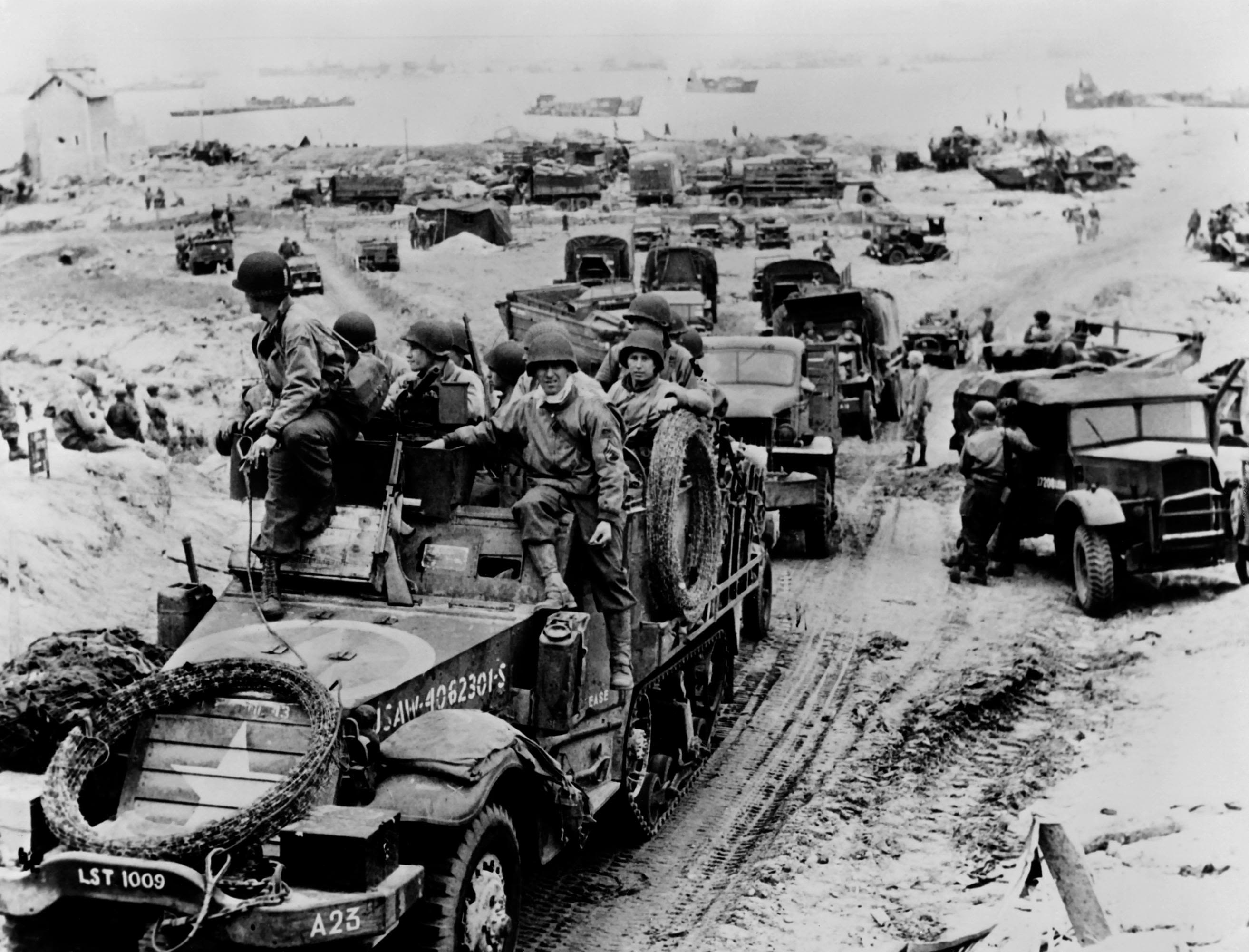 French soldiers are transported on the Normandy beaches.