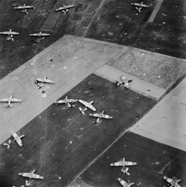 This aerial photo shows a landing zone for British planes near Ranville, France.