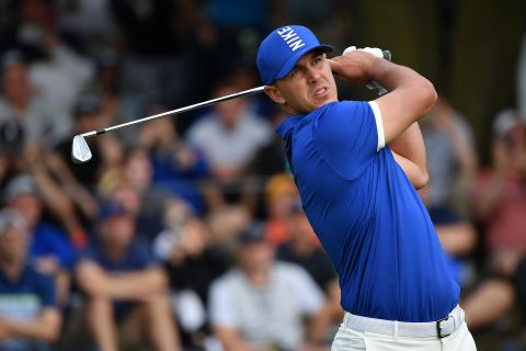 Brooks Koepka plays his shot from the 17th tee during the second round of the 2019 PGA Championship on Friday, May 17, in Farmingdale, New York. Koepka, in the lead after the second round, set a record for the lowest 36-hole score in major championship history.