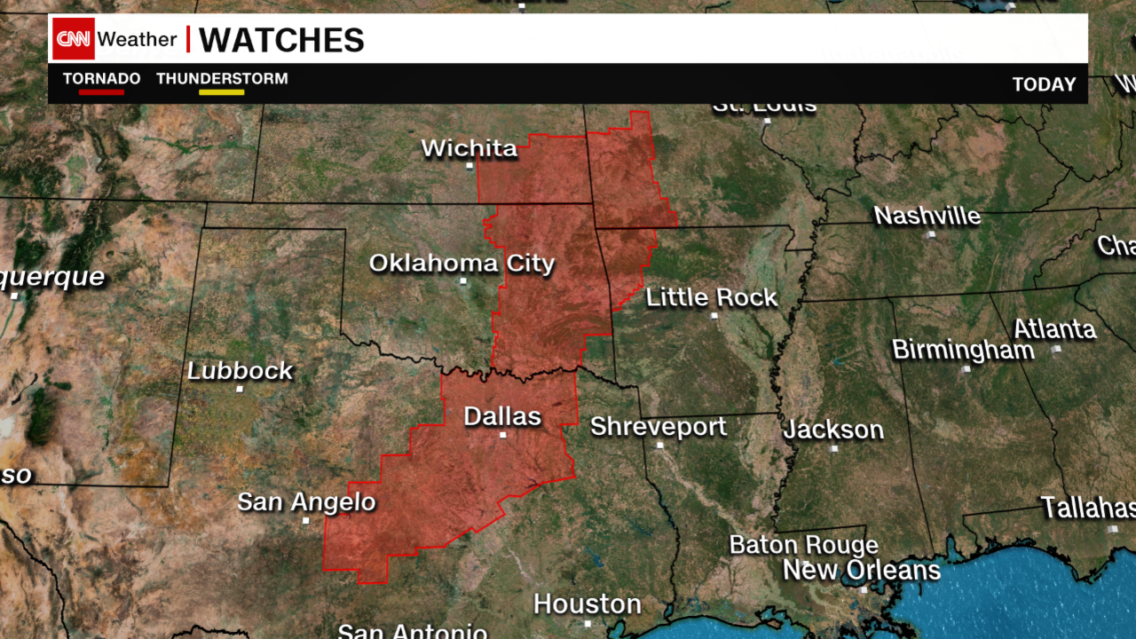 Areas in red are under tornado watches midday Saturday, meaning conditions are right for twisters to form.