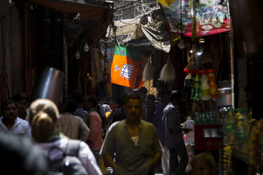 A flag of the ruling Bharatiya Janata Party (BJP) hangs over Varanasi's crowded old lanes. 