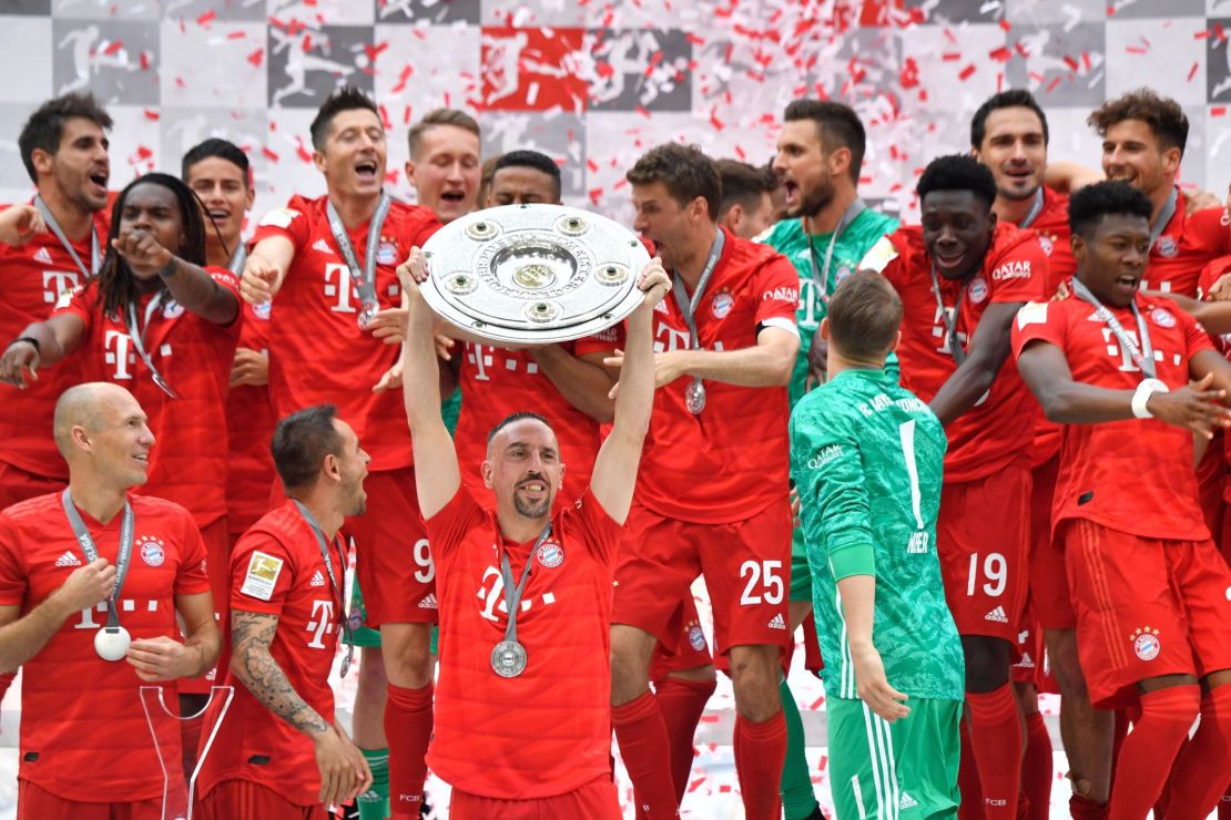 Franck Ribery celebrates with the Bundesliga trophy after his last game for the German giant.