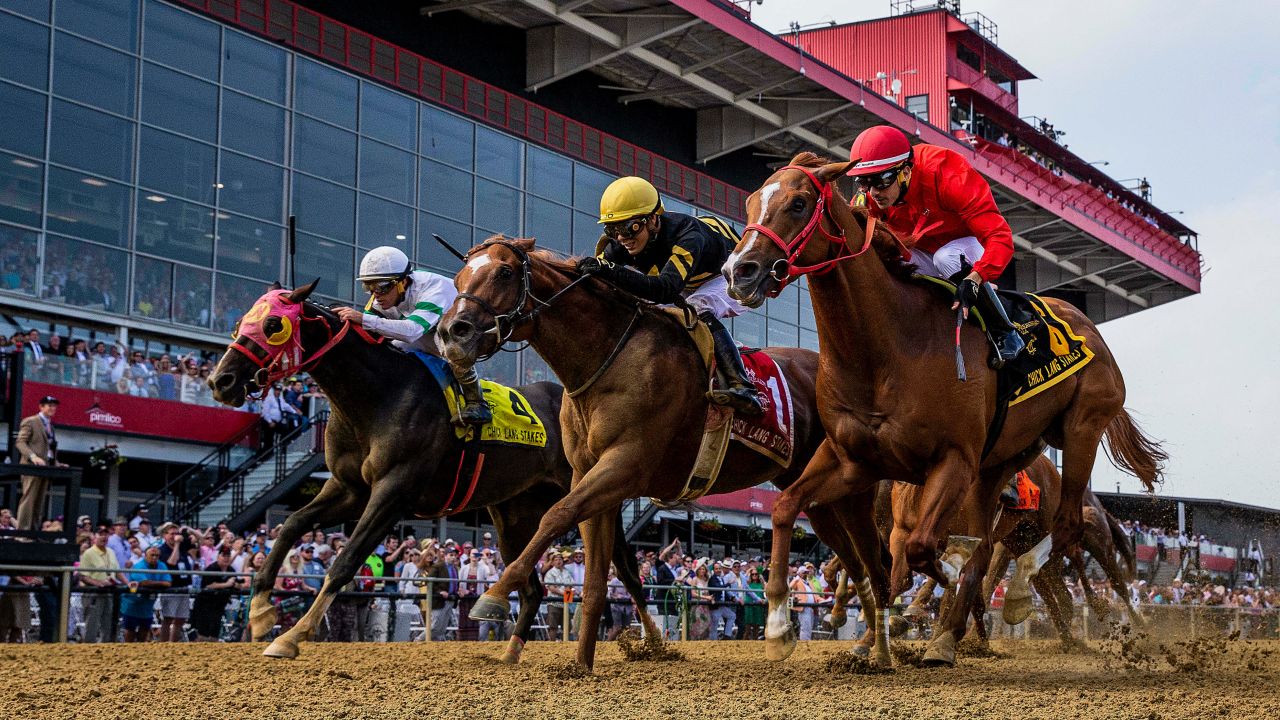 Lexitonian with jockey Jose Ortiz, center, defeats Gladiator King to win the Chick Lang Stakes at Pimlico Race Course on Saturday.